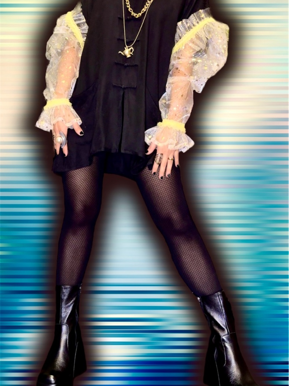 Black Silk Shirt with Oversized Puffy Tulle Sleeves - Picture 10 of 10